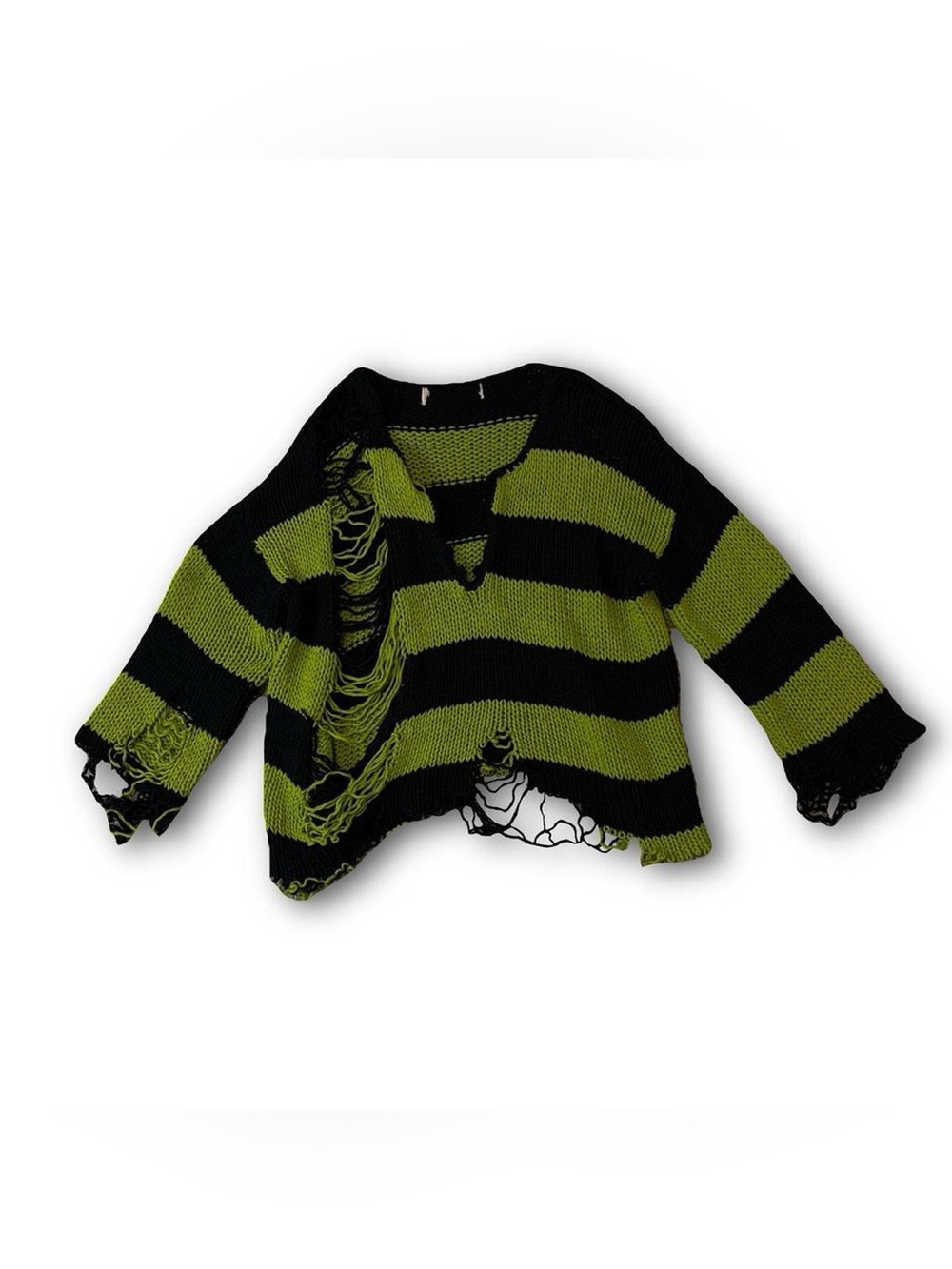 Distressed Black and Lime Striped Knit Crop Sweater